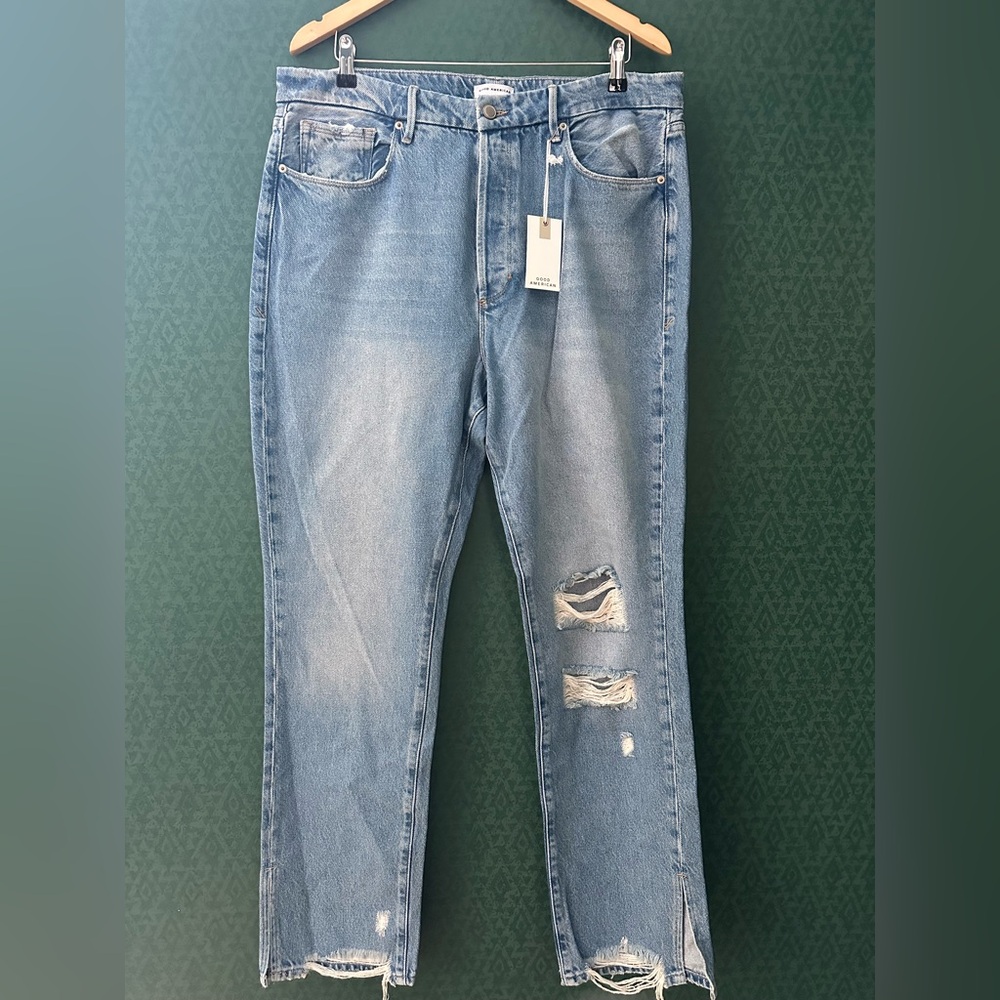 GOOD AMERICAN Good Boy Boyfriend Distressed Split Hem Jeans NWT Size 15